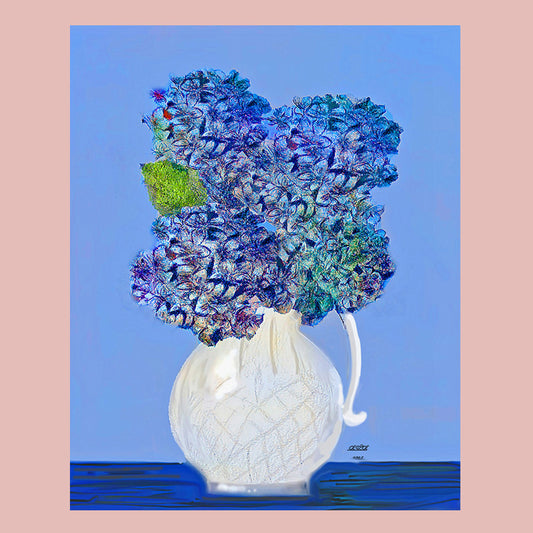 Hydrangeas in White Glass Pitcher