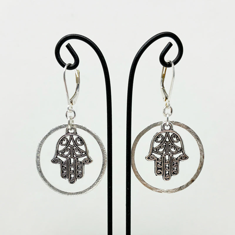 Hamsa with Brushed Silver Earrings