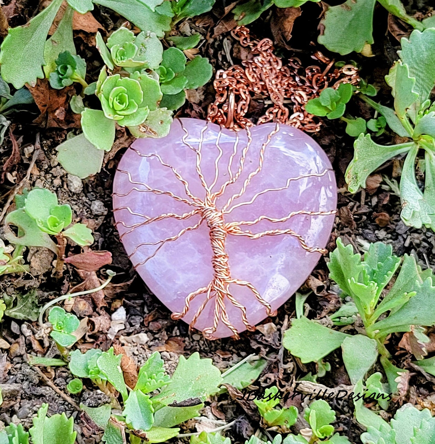 Rose Quartz Carved Heart Tree of Life Necklace