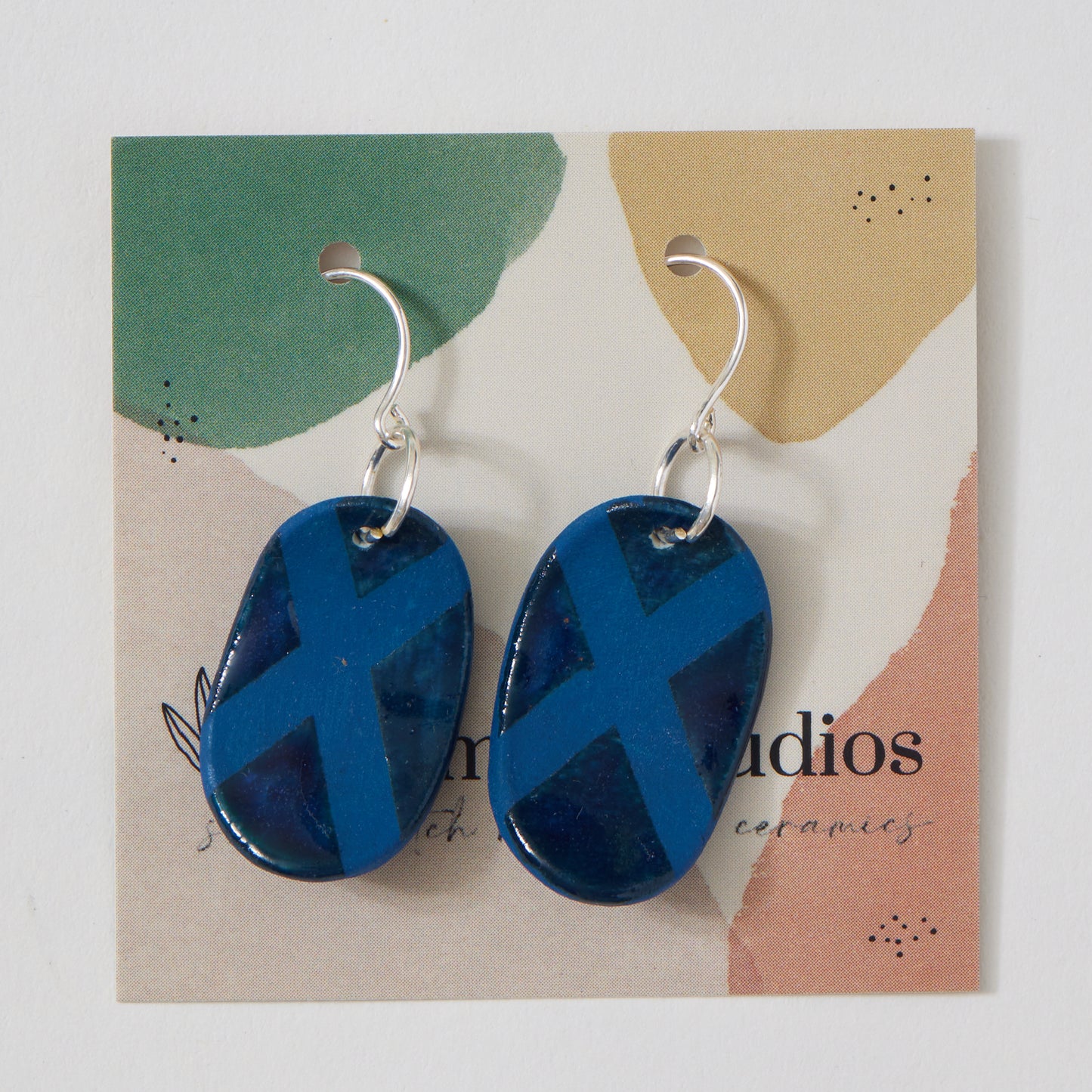 Blue Porcelain and Gold Dangle Earrings