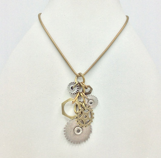 Gear Cluster Charm Necklace 2 tone metals - 4776