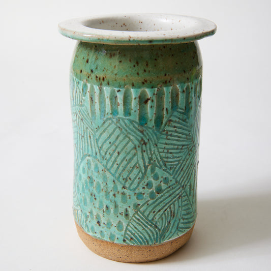 Carved and Inlaid Small Aqua and White Vase