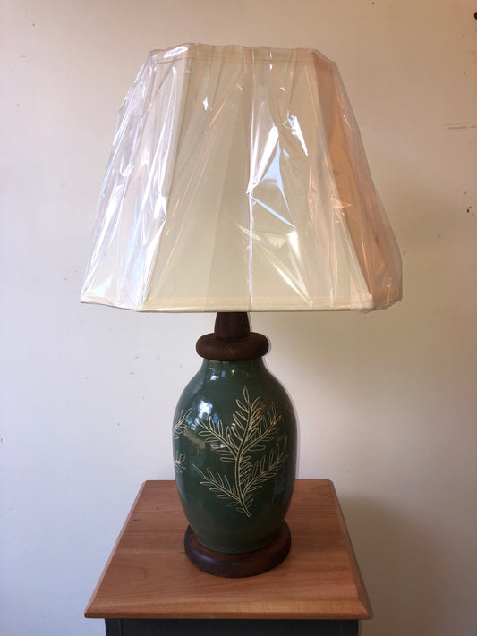 Large Dark Green Lamp with Etched Ferns and Hand turned Redwood Cap and Base