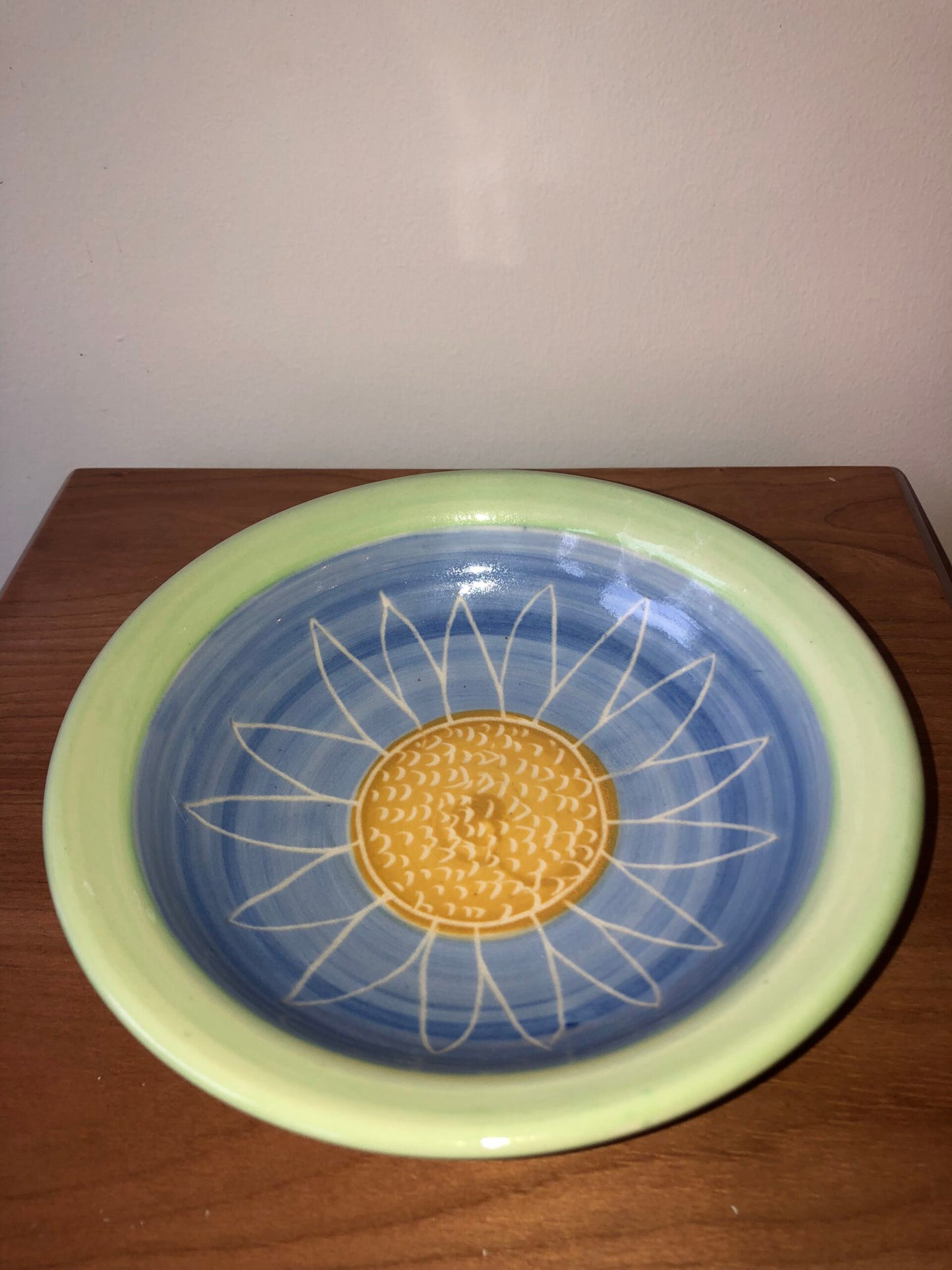 Etched Sunflower Bowl with Blue Gold Center and Green Outside