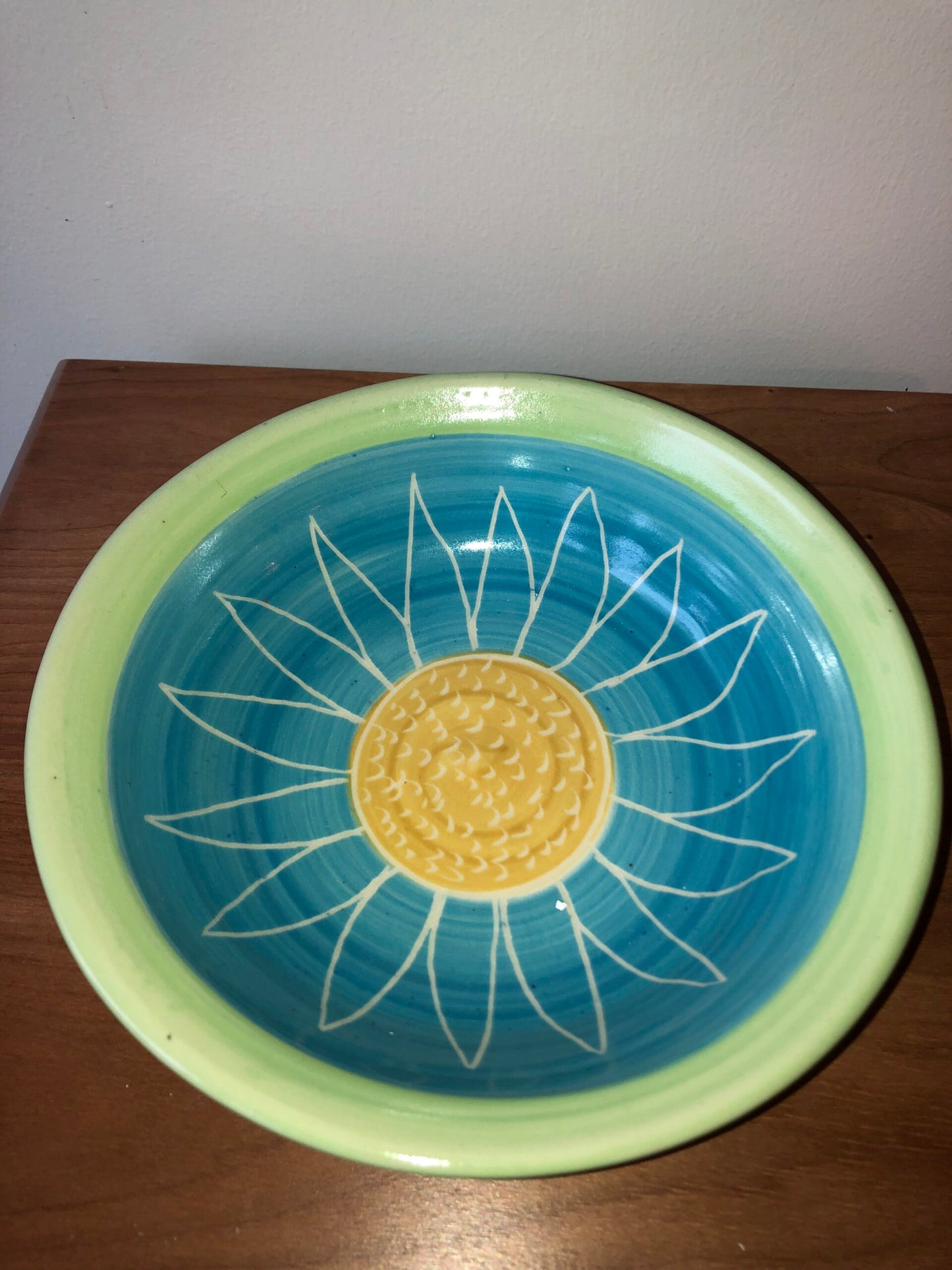 Etched Sunflower Bowl with Turquoise, Gold Center and Lime Green Outside