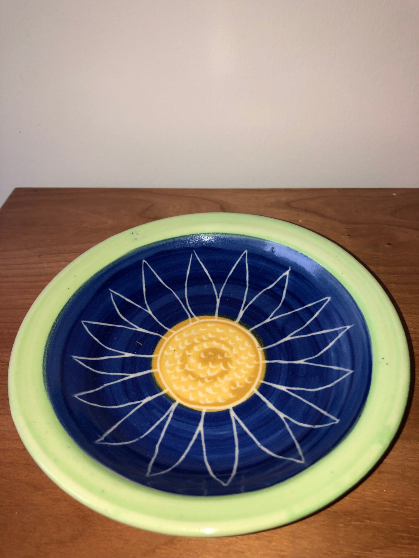 Etched Sunflower Bowl with Dark blue, Gold center, Lime Green Outside