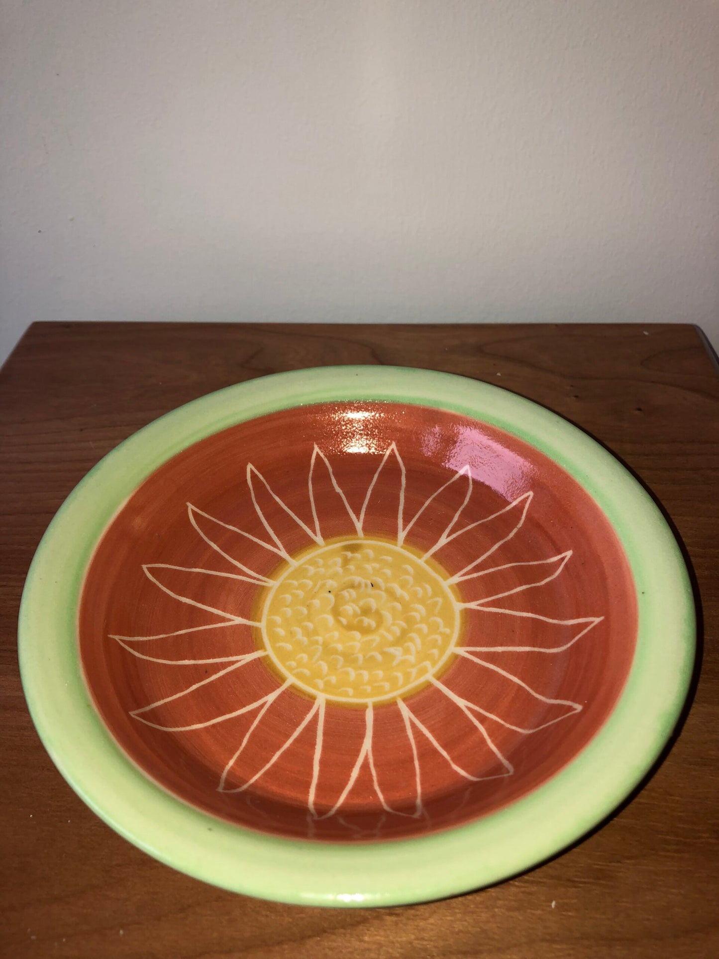 Etched Sunflower Bowl with Red, Gold Center, Lime Green Outside