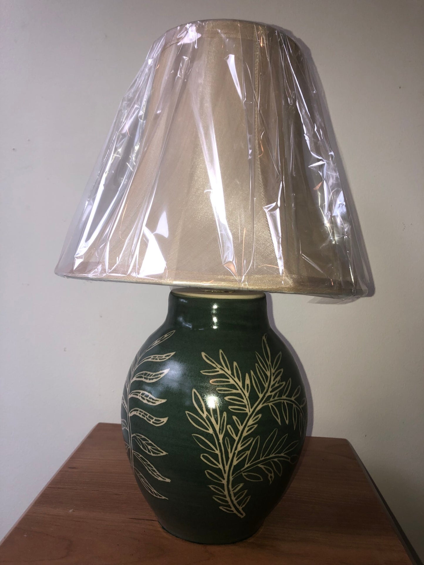 Dark Green Lamp with Etched Ferns