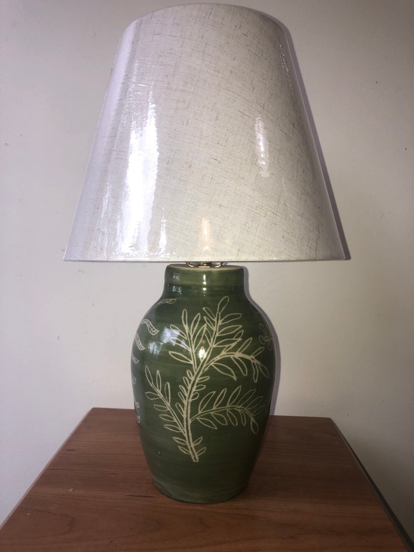 Mid Green Lamp with Etched Ferns