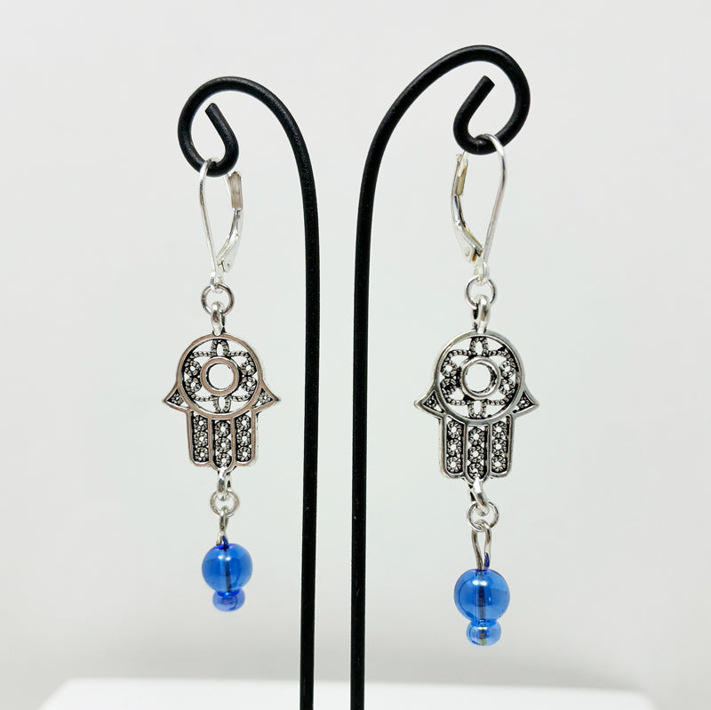 Hamsa with Blue Bead Earrings