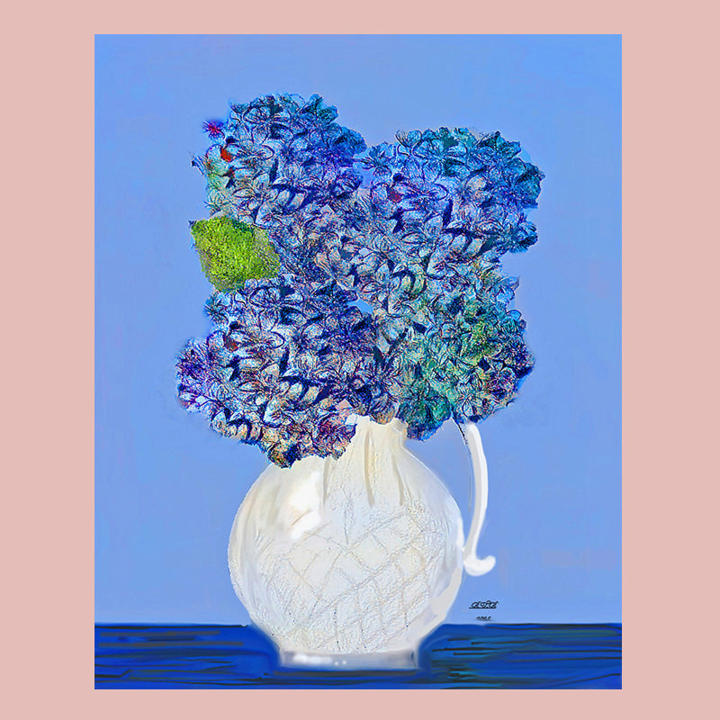 Hydrangeas in White Glass Pitcher