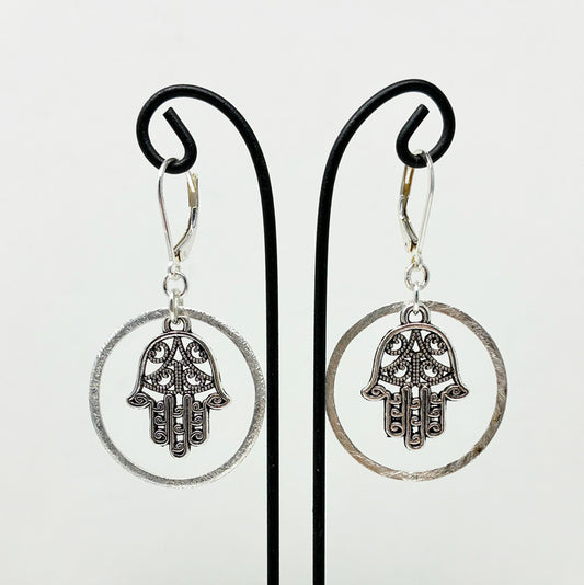 Hamsa with Brushed Silver Earrings