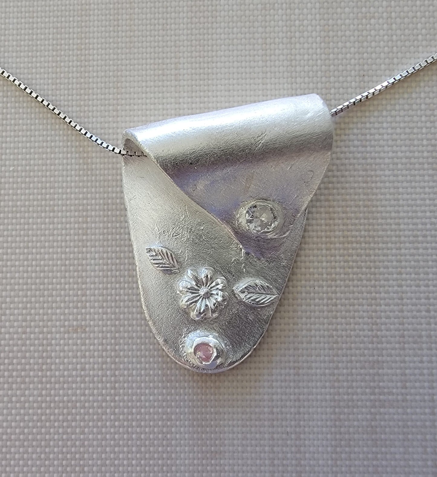 Pure Silver Pendant with Flower, Leaves and 2 CZ Stones