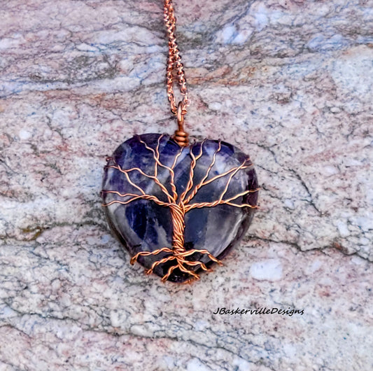 Amethyst Carved Heart Tree of Life Necklace