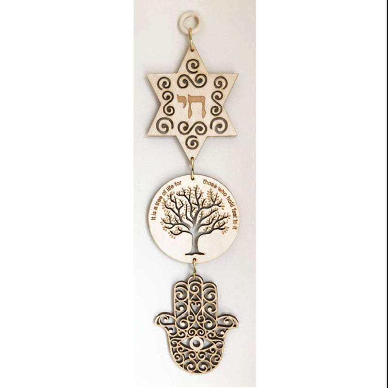 Triple Wall Hanging - Star of David with Chai, Tree of Life, Hamsa