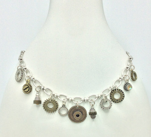 Industrial Charm Necklace 2 tone metals - 4457