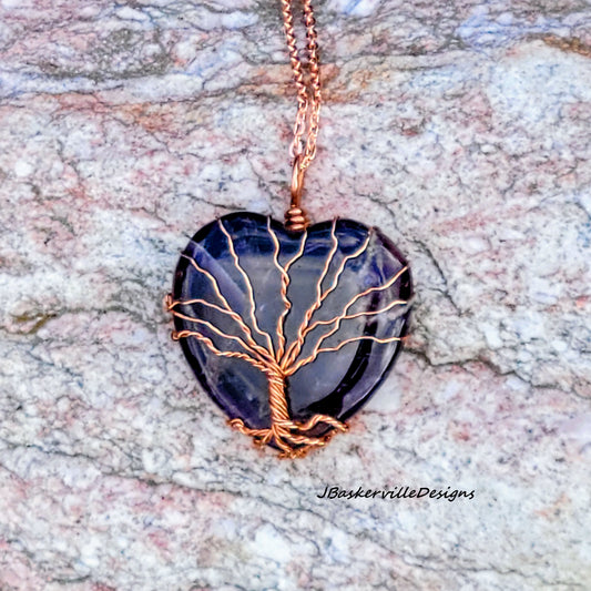Amethyst Carved Heart Tree of Life Necklace