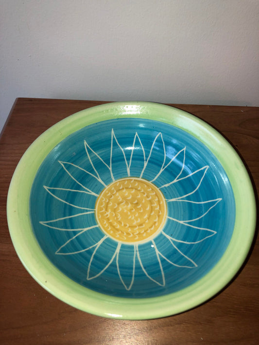 Etched Sunflower Bowl with Turquoise, Gold Center and Lime Green Outside