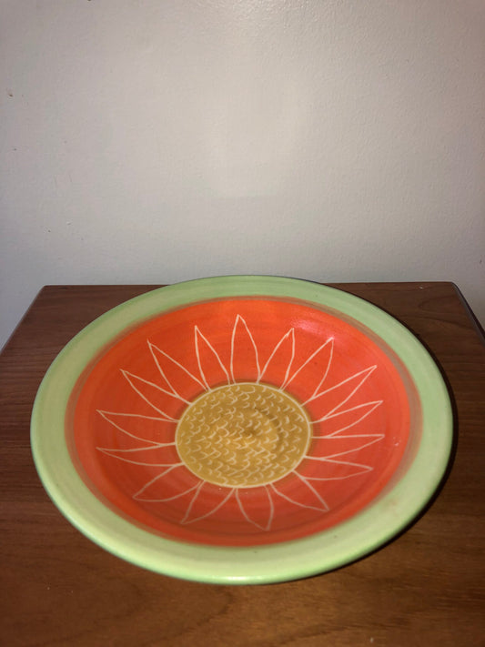 Etched Sunflower Bowl with Bright Orange, Gold Center, Lime Green Outside
