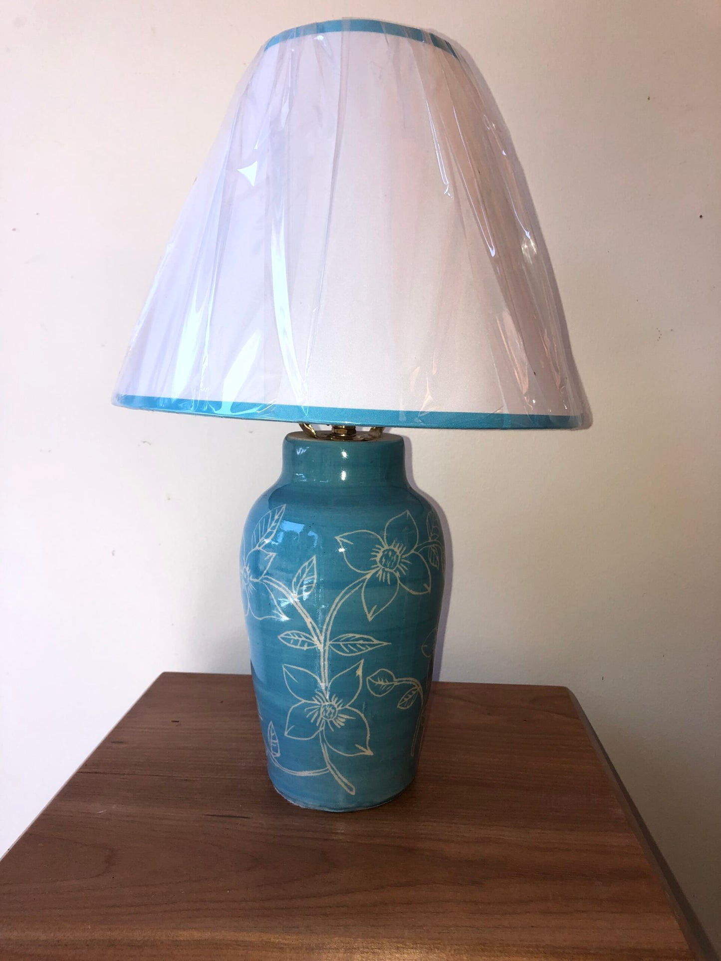 Turquoise Lamp with Etched Dogwood