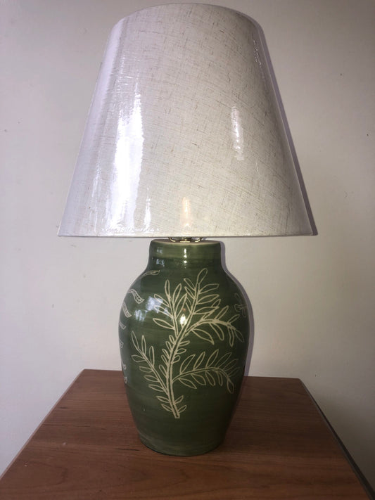 Mid Green Lamp with Etched Ferns